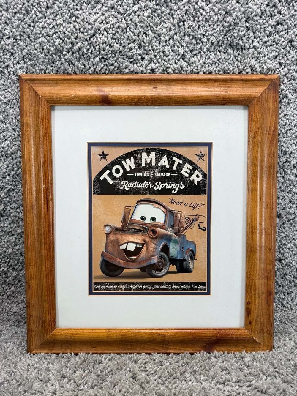 Disney Pixar Cars Matted Tow Mater Wall Art Wood Framed 16.5x18"